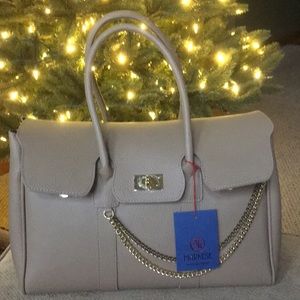 Markese taupe leather satchel with chain